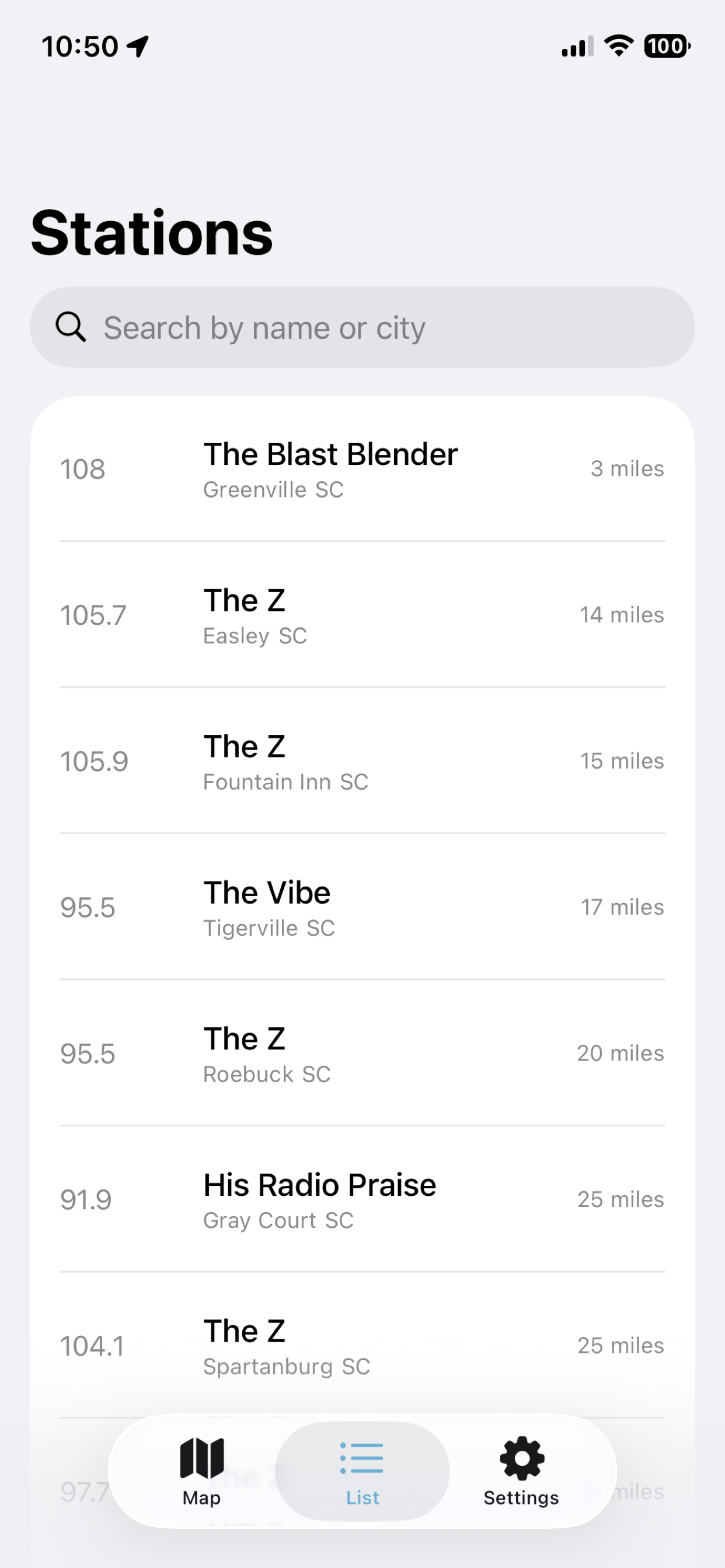 Station list with search functionality
