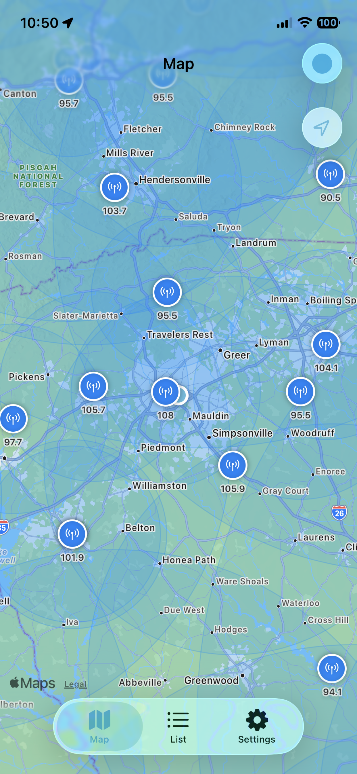Map view showing nearby Christian radio stations
